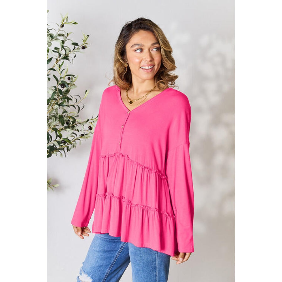 Double Take Half Button Long Sleeve Ruffle Hem Blouse Hot Pink / S