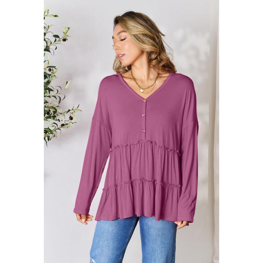 Double Take Half Button Long Sleeve Ruffle Hem Blouse