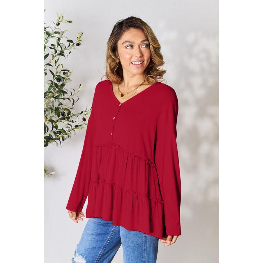 Double Take Half Button Long Sleeve Ruffle Hem Blouse Wine / S