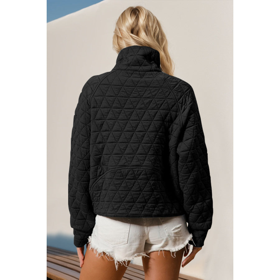 Double Take Half Zip Long Sleeve Quilted Sweatshirt with Pocket Apparel and Accessories