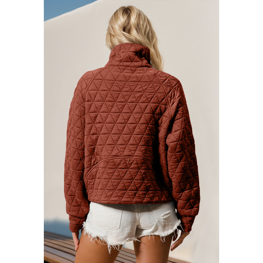 Double Take Half Zip Long Sleeve Quilted Sweatshirt with Pocket Apparel and Accessories