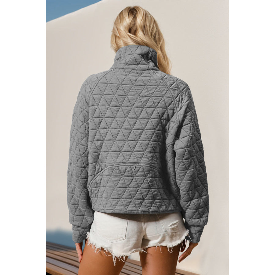 Double Take Half Zip Long Sleeve Quilted Sweatshirt with Pocket Apparel and Accessories