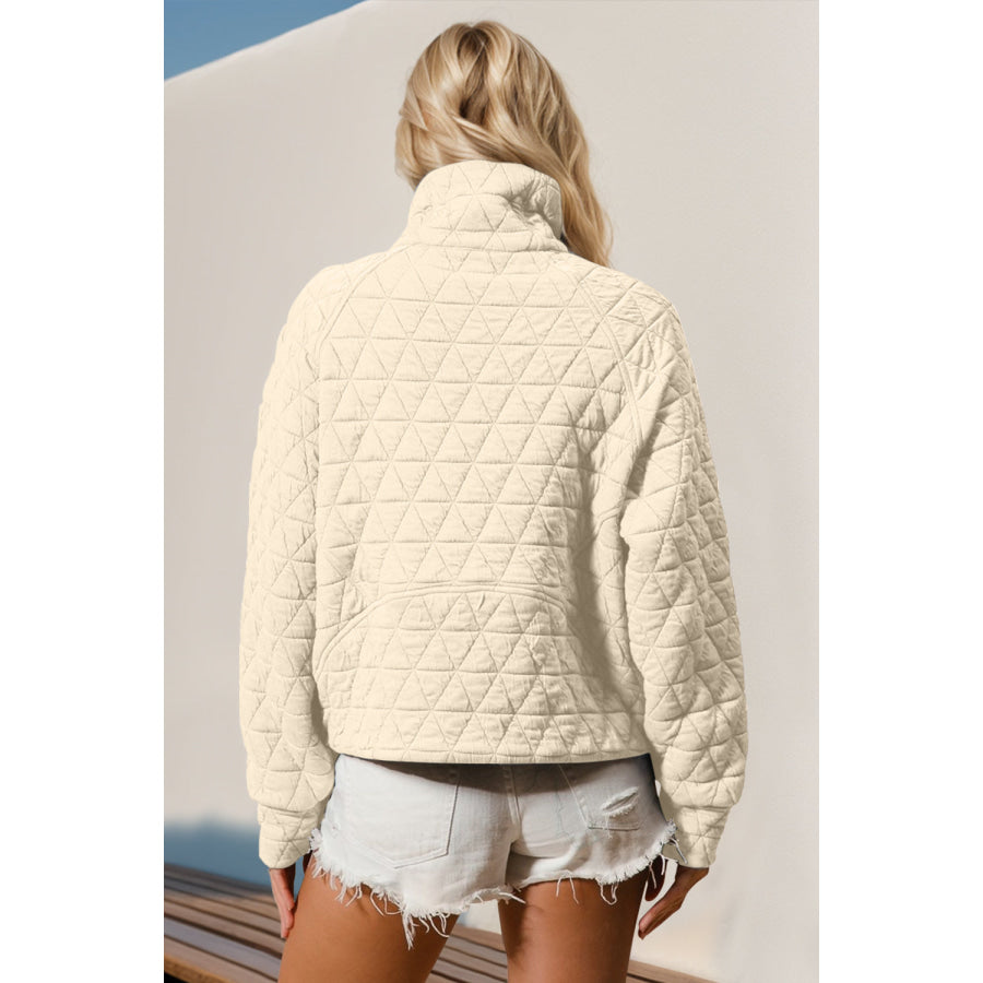 Double Take Half Zip Long Sleeve Quilted Sweatshirt with Pocket Apparel and Accessories