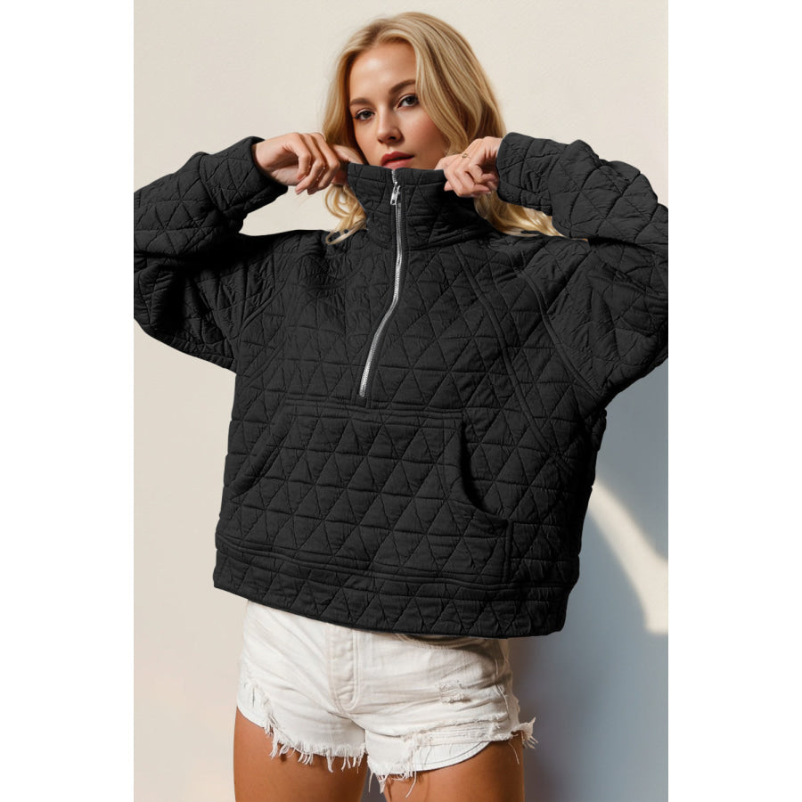 Double Take Half Zip Long Sleeve Quilted Sweatshirt with Pocket Black / S Apparel and Accessories