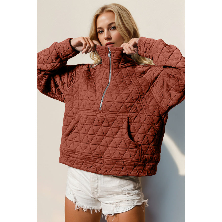 Double Take Half Zip Long Sleeve Quilted Sweatshirt with Pocket Caramel / S Apparel and Accessories