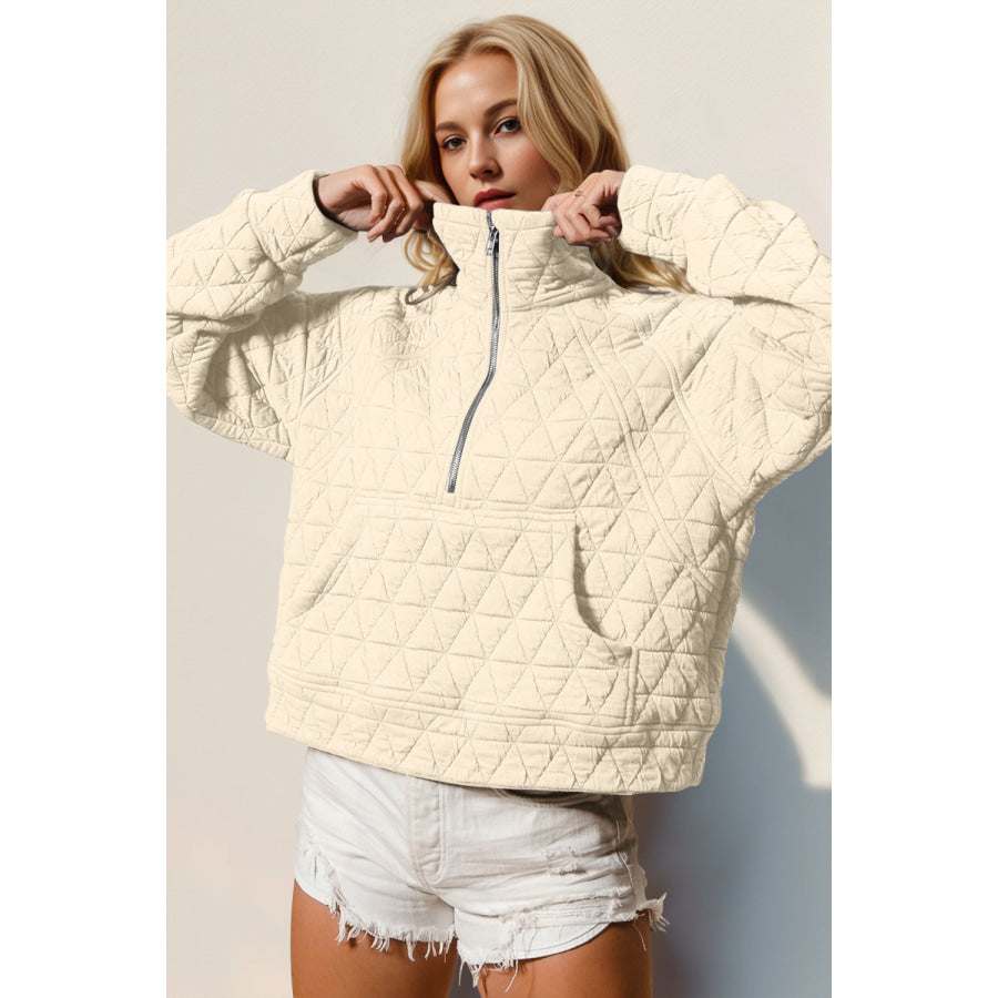 Double Take Half Zip Long Sleeve Quilted Sweatshirt with Pocket Cream / S Apparel and Accessories