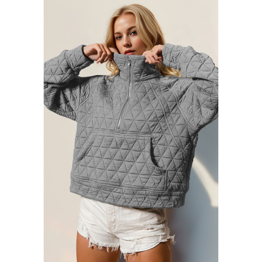 Double Take Half Zip Long Sleeve Quilted Sweatshirt with Pocket Gray / S Apparel and Accessories