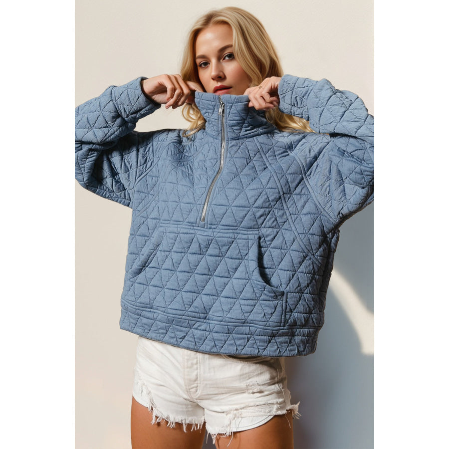 Double Take Half Zip Long Sleeve Quilted Sweatshirt with Pocket Light Blue / S Apparel and Accessories