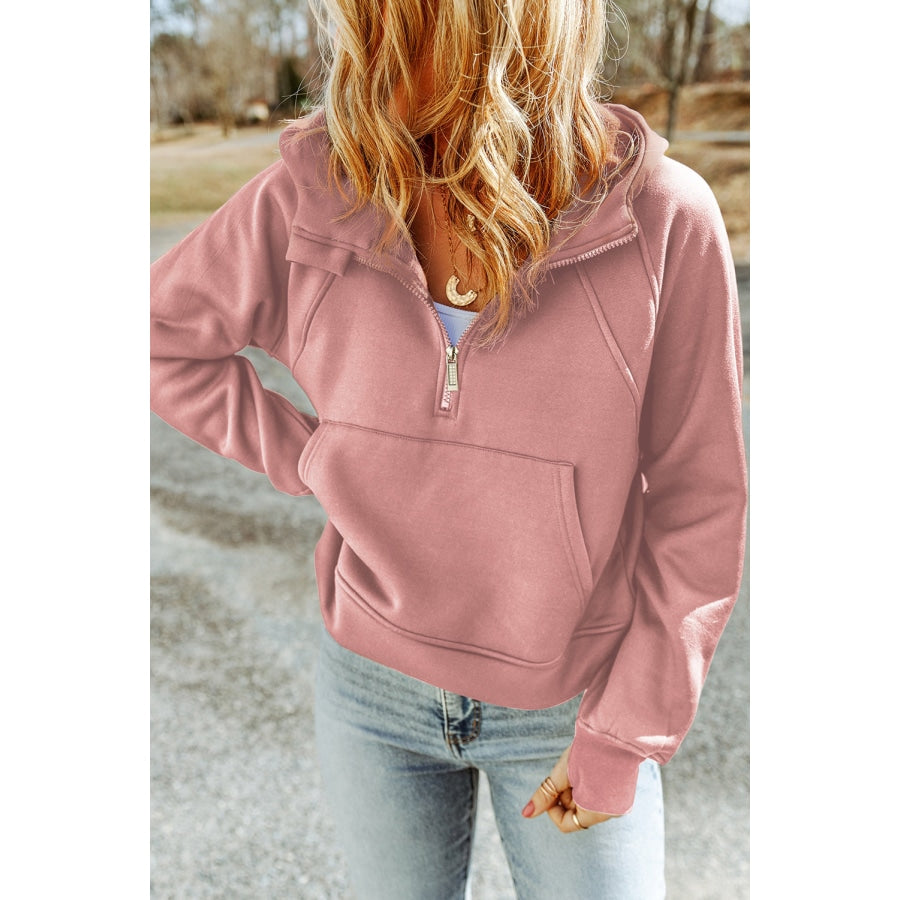 Double Take Half-Zip Thumbhole Sleeve Hoodie Blush Pink / S