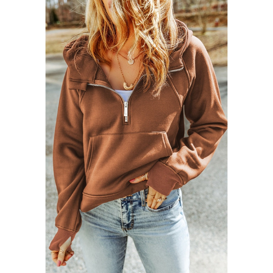 Double Take Half-Zip Thumbhole Sleeve Hoodie Caramel / S