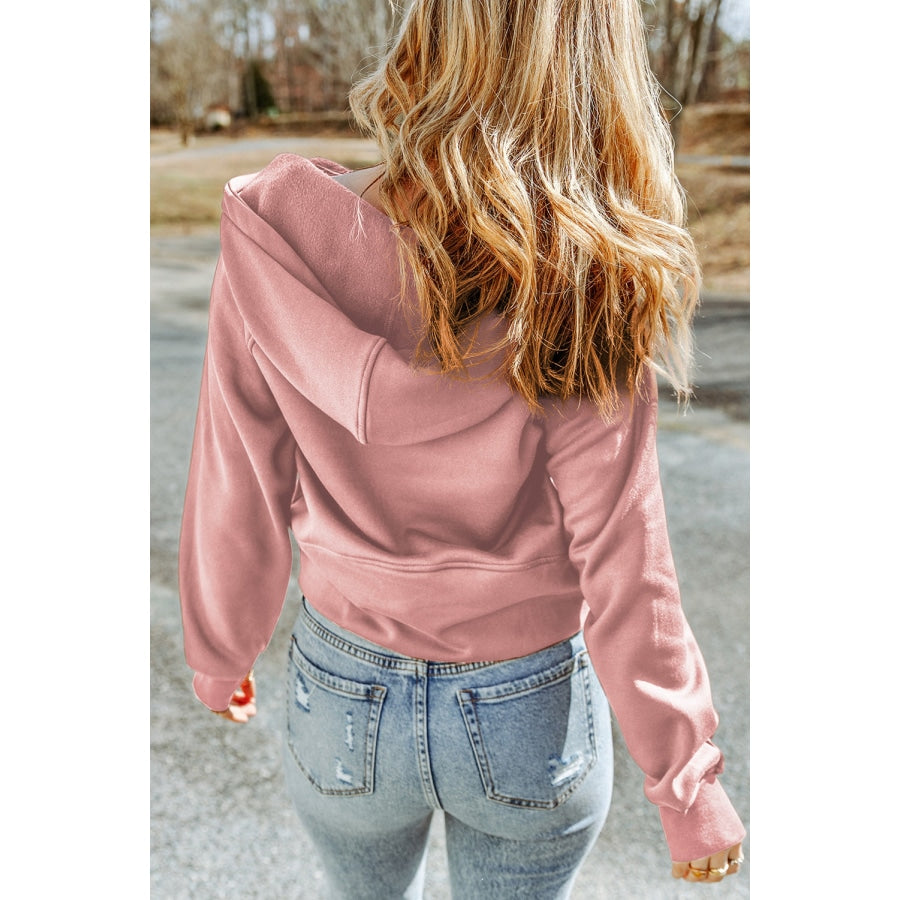 Double Take Half-Zip Thumbhole Sleeve Hoodie Blush Pink / S