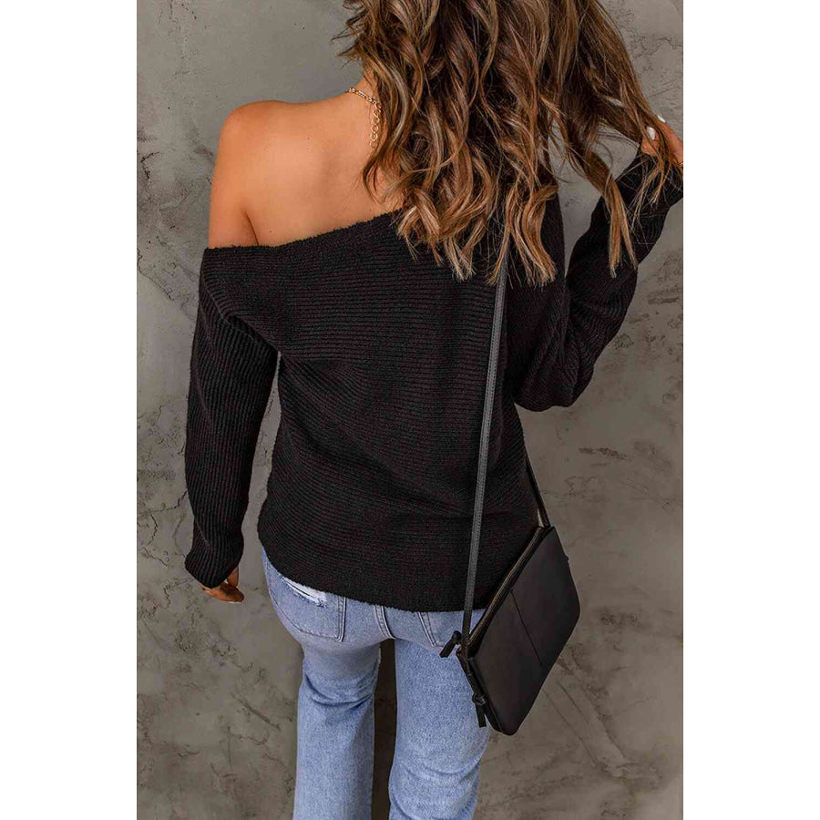 Double Take Horizontal Ribbing One - Shoulder Sweater Black / S