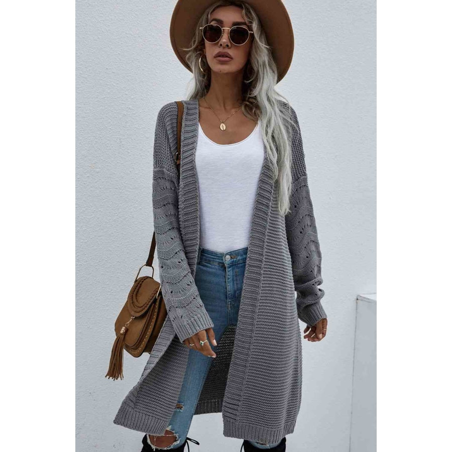 Double Take Horizontal Ribbing Open Front Duster Cardigan Apparel and Accessories