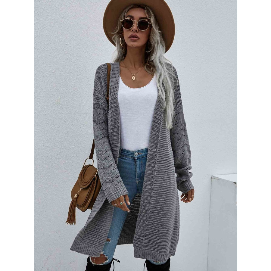 Double Take Horizontal Ribbing Open Front Duster Cardigan Gray / S Apparel and Accessories