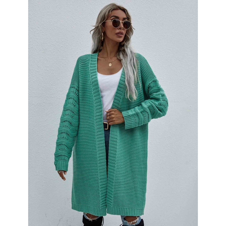 Double Take Horizontal Ribbing Open Front Duster Cardigan Green / S Apparel and Accessories