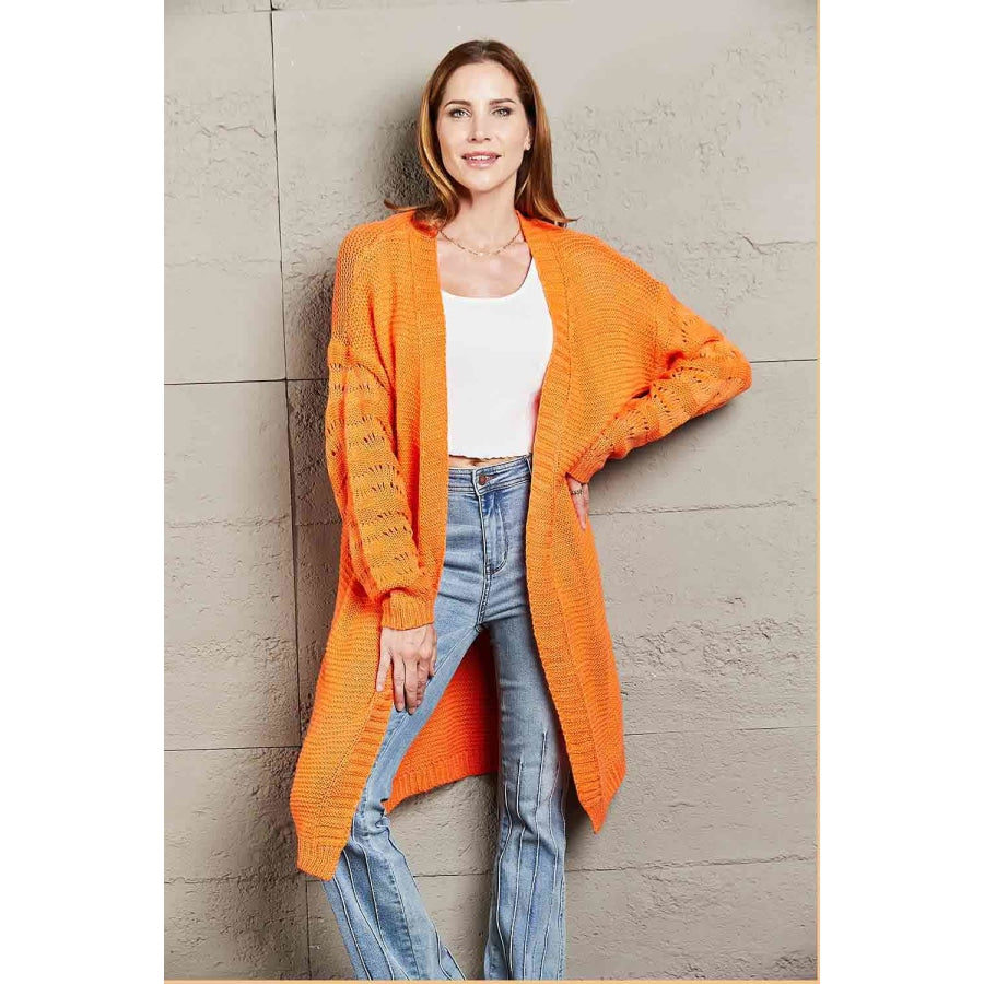 Double Take Horizontal Ribbing Open Front Duster Cardigan Orange / S Apparel and Accessories