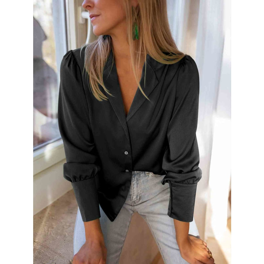 Double Take Lapel Collar Buttoned Puff Sleeve Shirt Apparel and Accessories