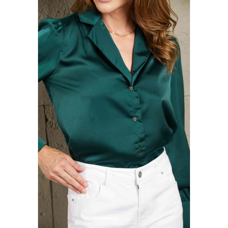 Double Take Lapel Collar Buttoned Puff Sleeve Shirt Apparel and Accessories