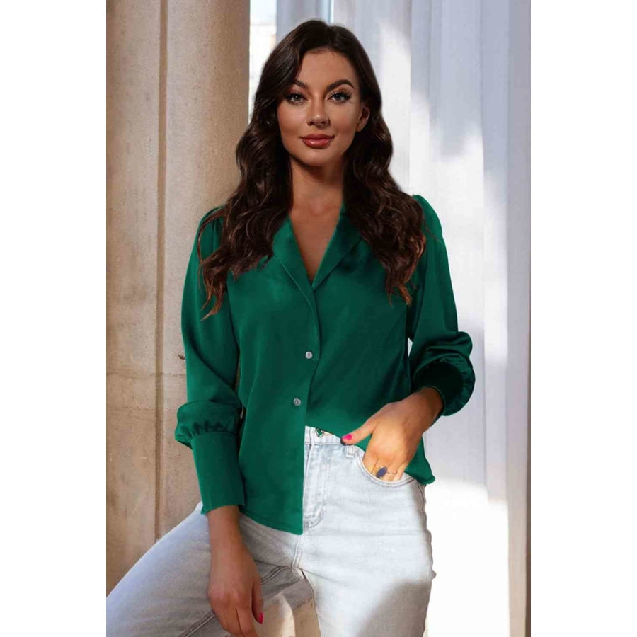 Double Take Lapel Collar Buttoned Puff Sleeve Shirt Green / S Apparel and Accessories