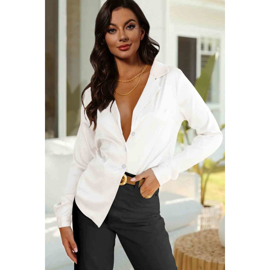 Double Take Lapel Collar Buttoned Puff Sleeve Shirt White / S Apparel and Accessories