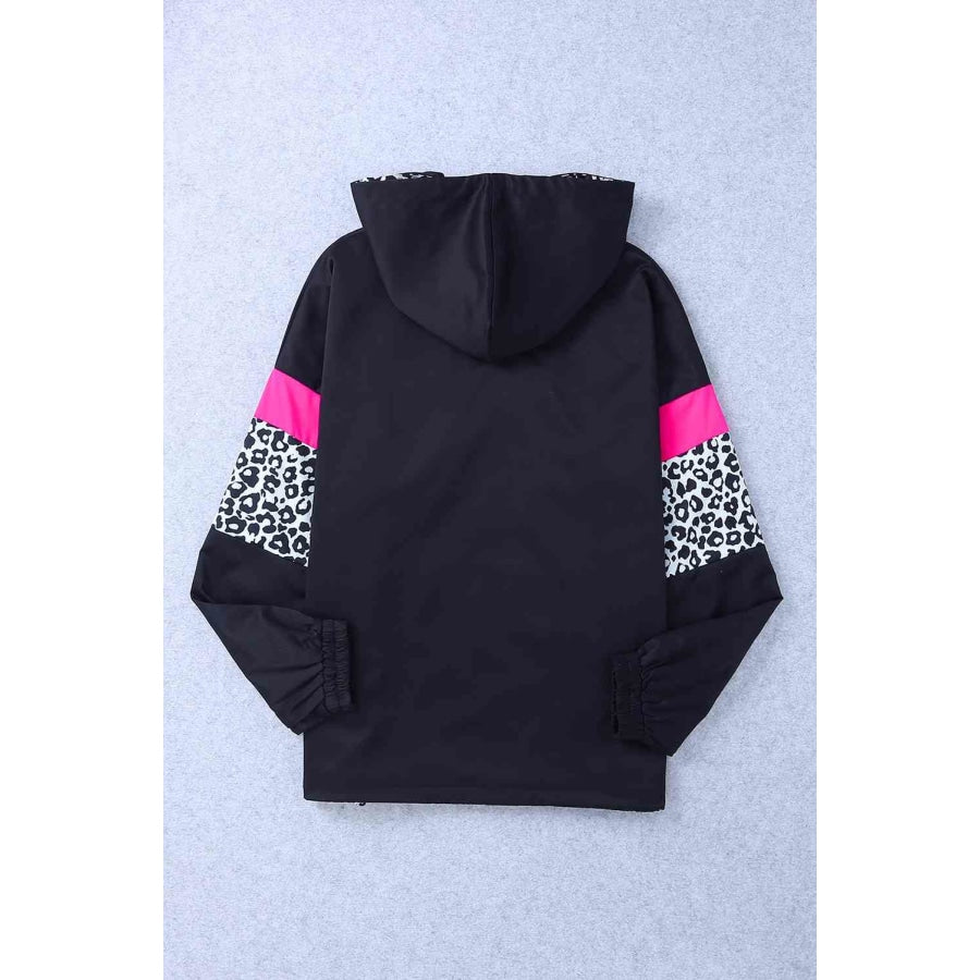 Double Take Leopard Color Block Zip-Up Hooded Jacket Apparel and Accessories