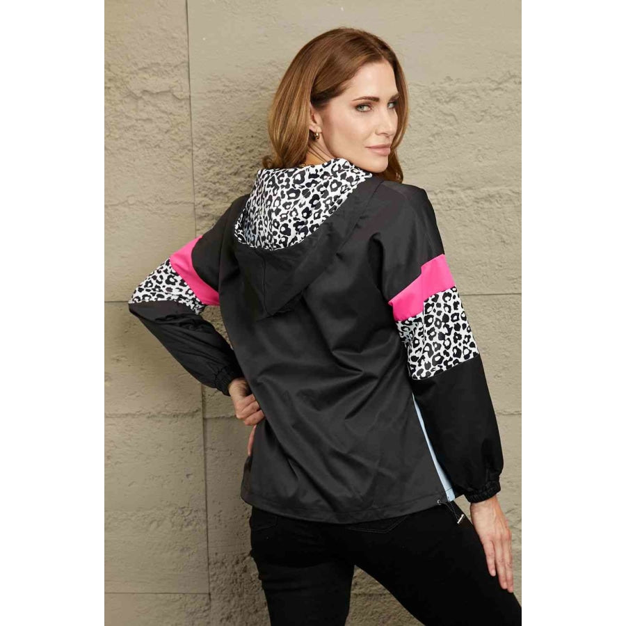 Double Take Leopard Color Block Zip-Up Hooded Jacket Black / S Apparel and Accessories