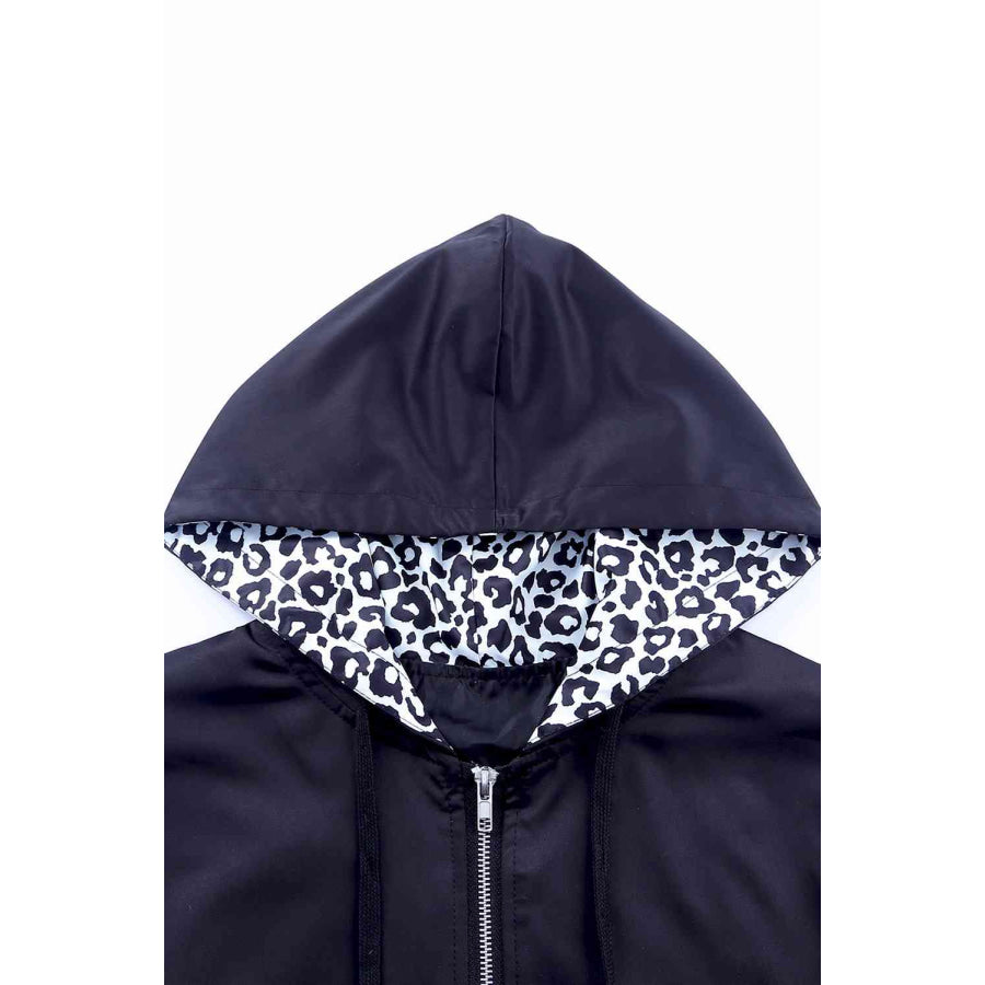 Double Take Leopard Color Block Zip-Up Hooded Jacket Apparel and Accessories