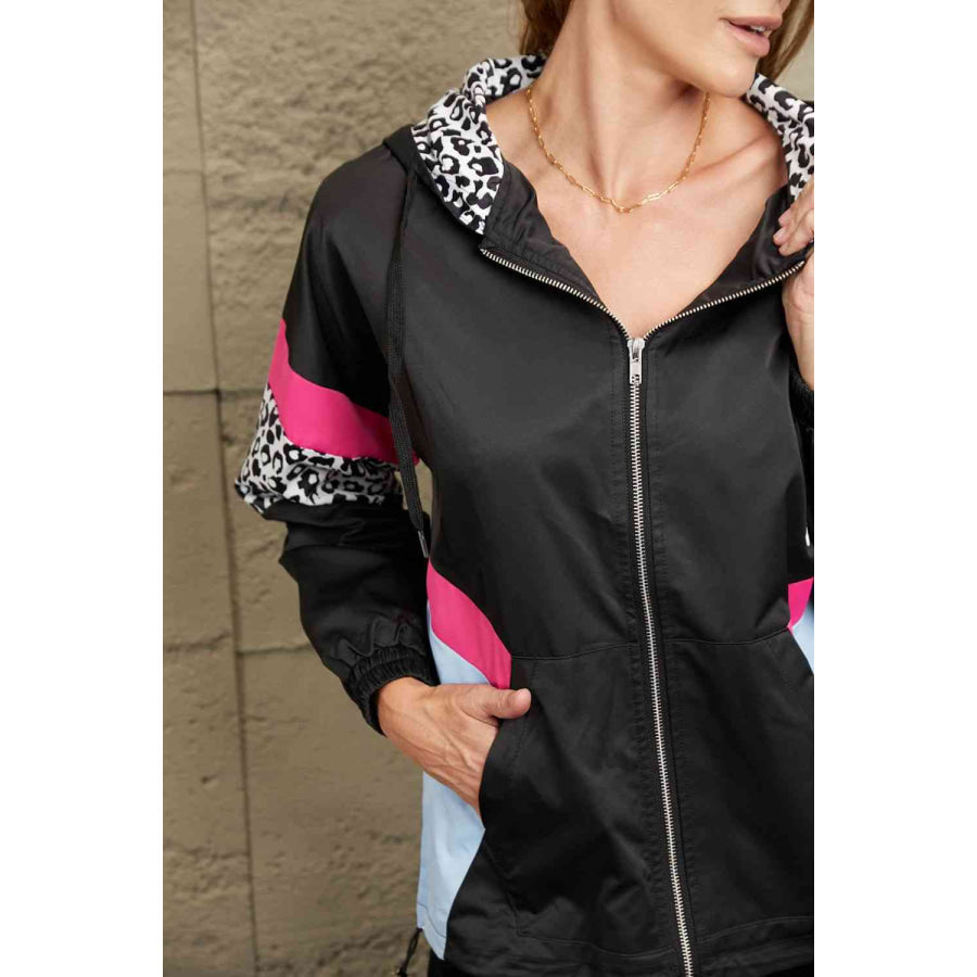 Double Take Leopard Color Block Zip-Up Hooded Jacket Apparel and Accessories