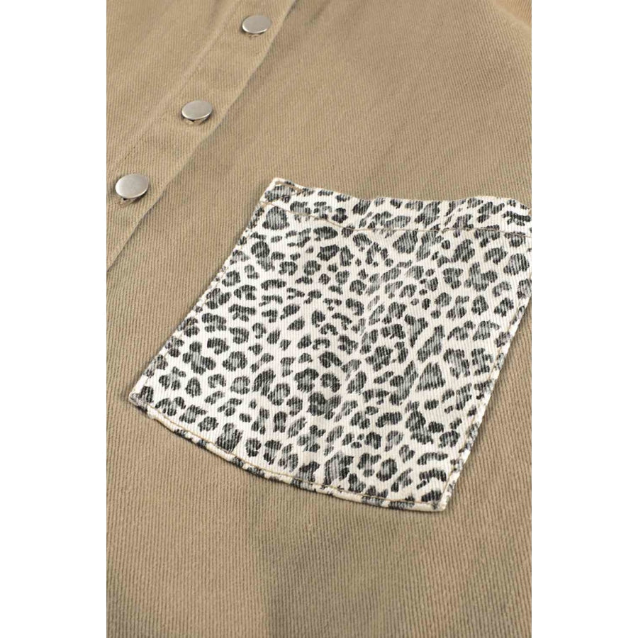 Double Take Leopard Contrast Denim Top Apparel and Accessories
