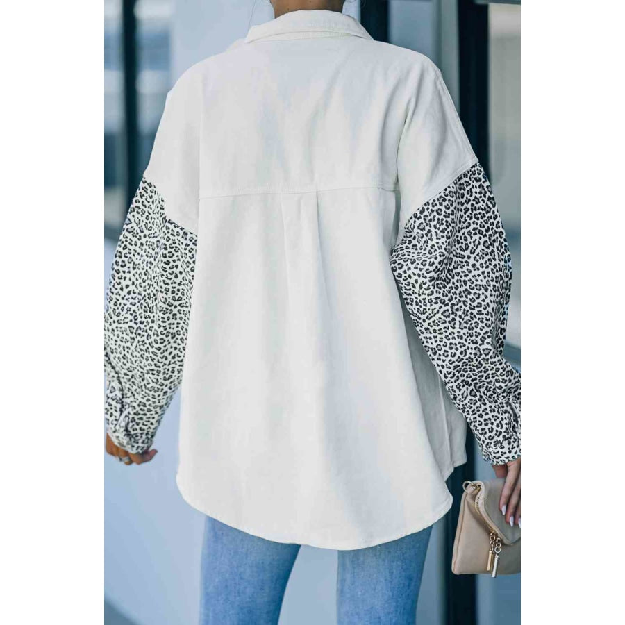 Double Take Leopard Contrast Denim Top White / S Apparel and Accessories