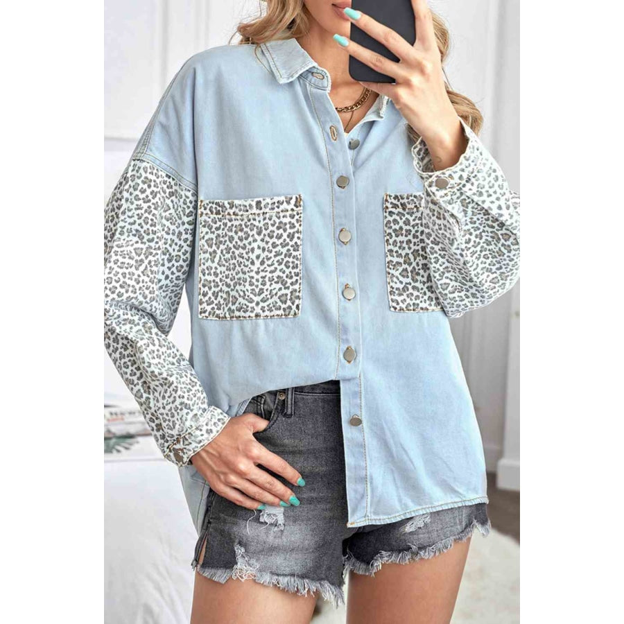 Double Take Leopard Contrast Denim Top Apparel and Accessories