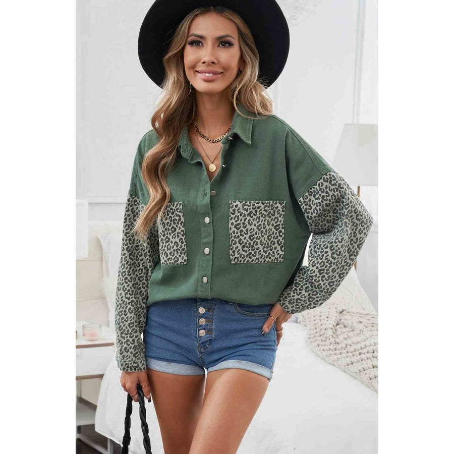 Double Take Leopard Contrast Denim Top Green / S Apparel and Accessories