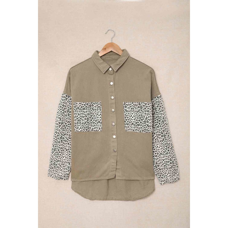 Double Take Leopard Contrast Denim Top Khaki / S Apparel and Accessories