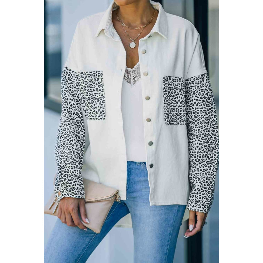 Double Take Leopard Contrast Denim Top White / S Apparel and Accessories