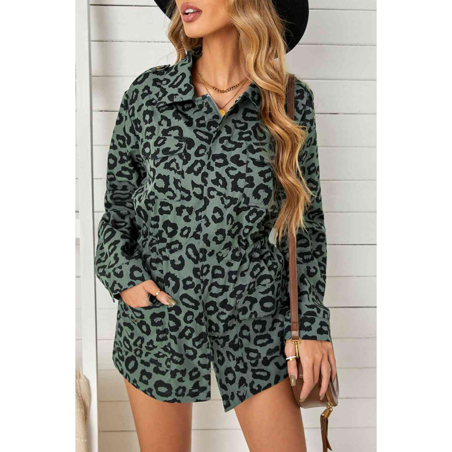 Double Take Leopard Drawstring Waist Jacket with Pockets Green / S Coats &amp; Jackets