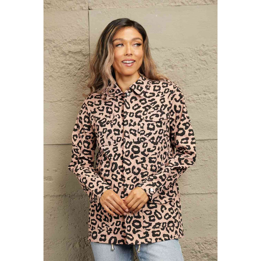 Double Take Leopard Drawstring Waist Jacket with Pockets / S Coats & Jackets