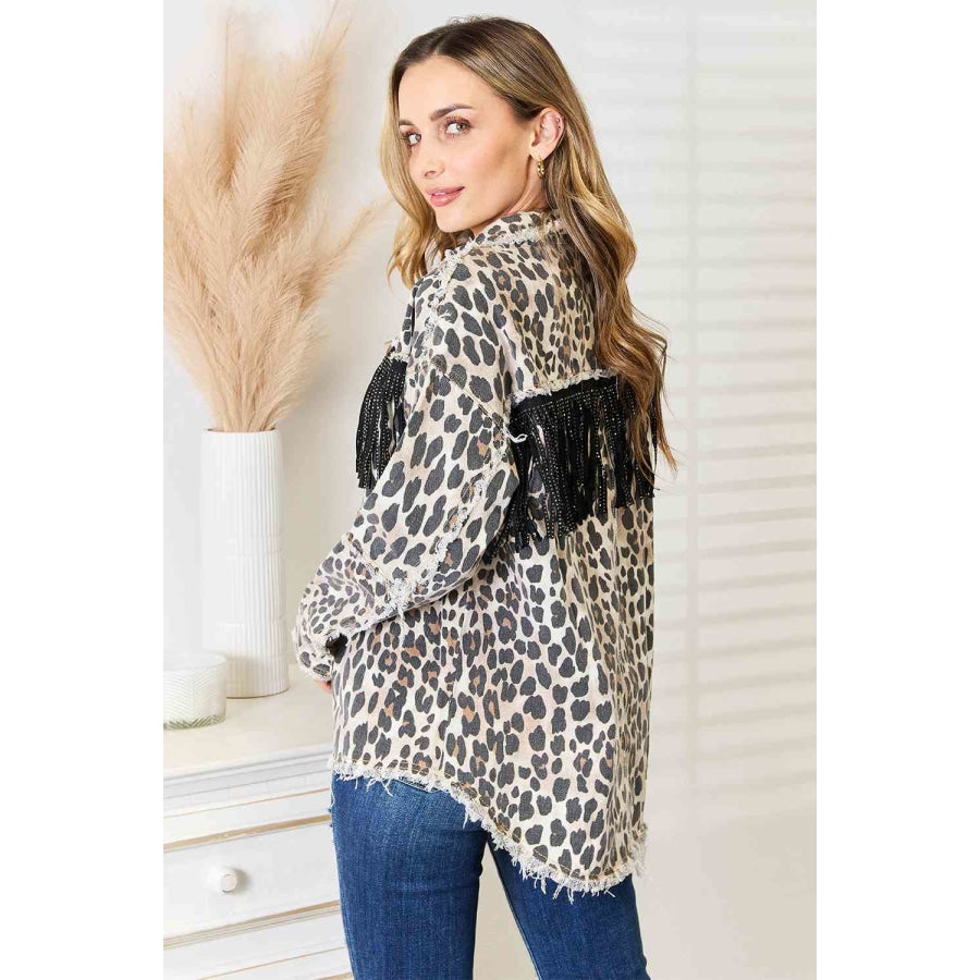 Double Take Leopard Fringe Detail Collared Neck Denim Jacket Leopard / S Apparel and Accessories