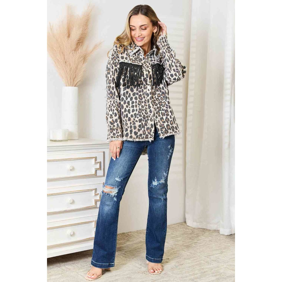 Double Take Leopard Fringe Detail Collared Neck Denim Jacket Apparel and Accessories