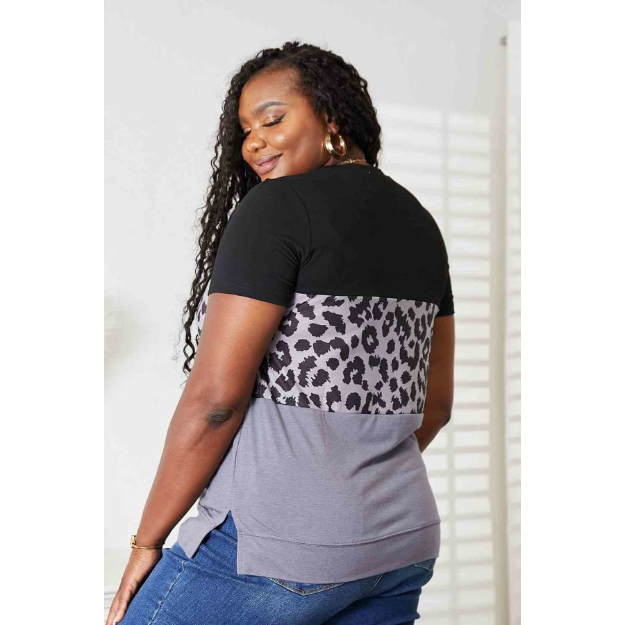 Double Take Leopard Print Color Block Short Sleeve T-Shirt Black / S Apparel and Accessories