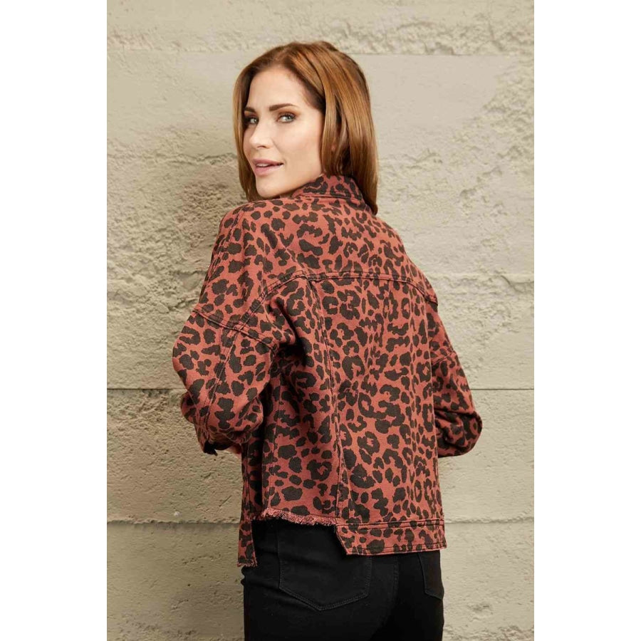 Double Take Leopard Print Raw Hem Jacket Apparel and Accessories