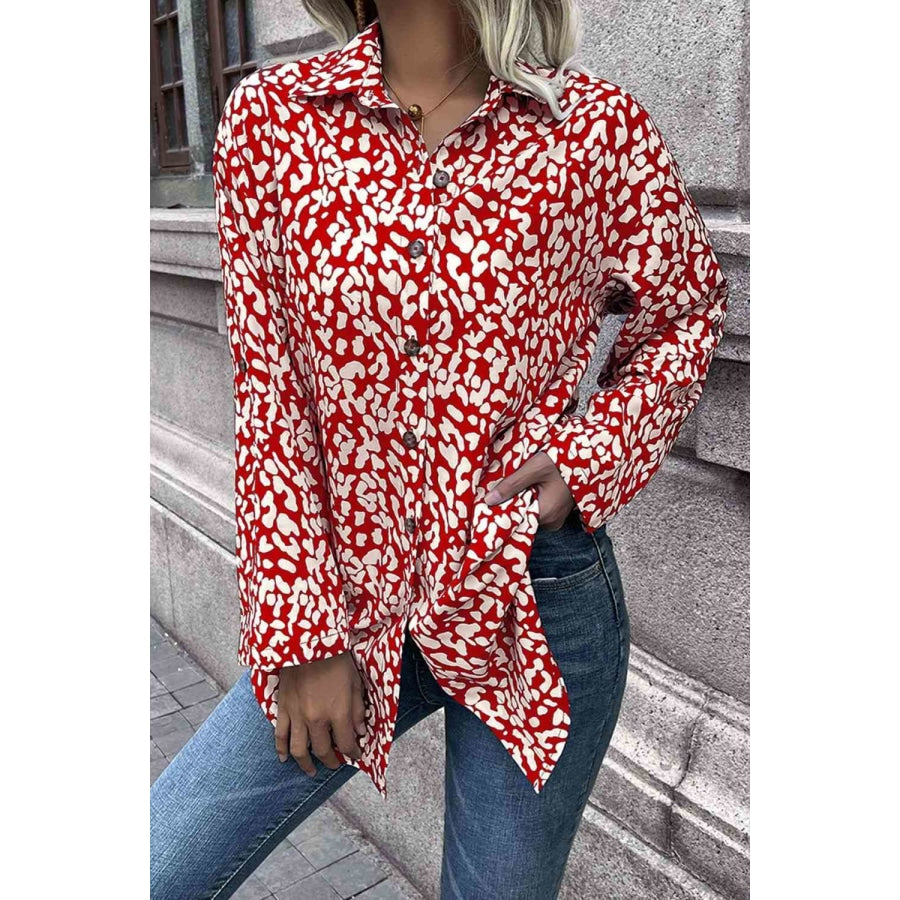 Double Take Leopard Roll-Tap Sleeve Shirt Deep Red / S Shirts &amp; Tops