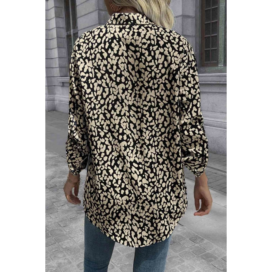 Double Take Leopard Roll-Tap Sleeve Shirt Shirts &amp; Tops