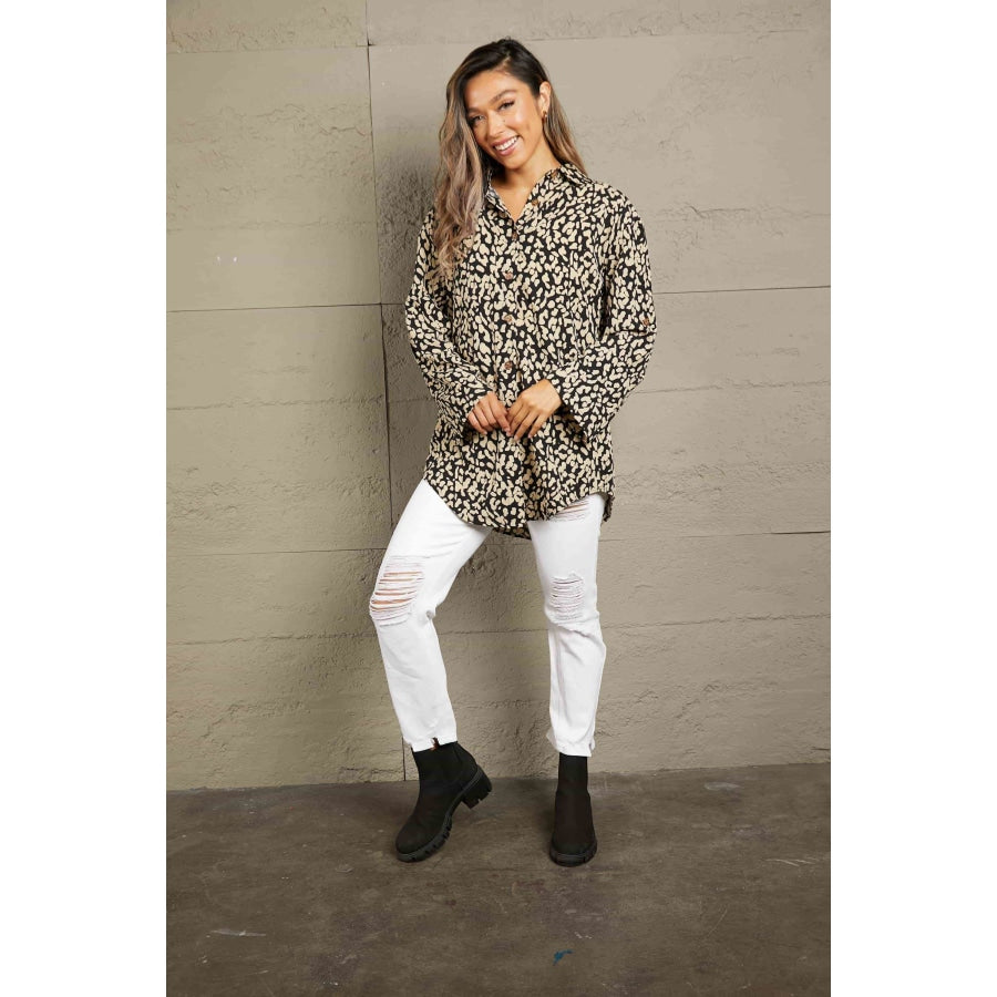 Double Take Leopard Roll-Tap Sleeve Shirt Shirts &amp; Tops