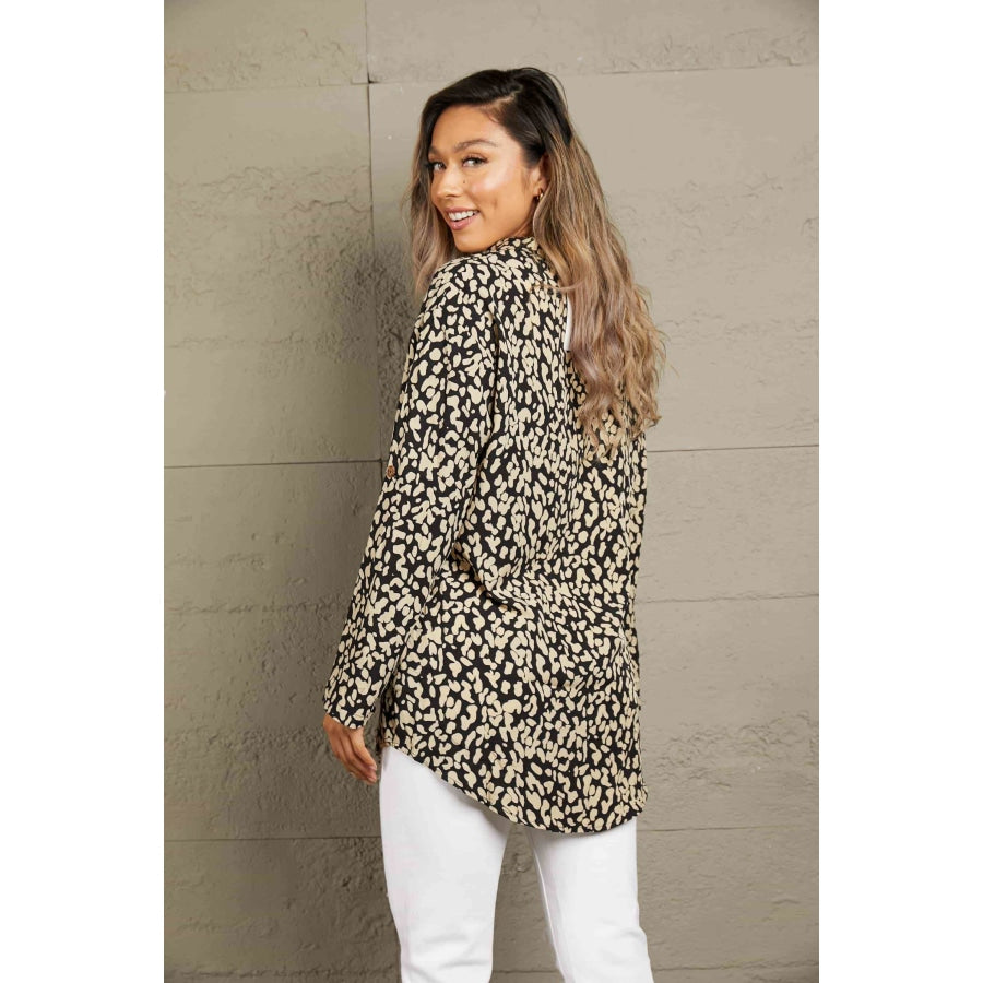 Double Take Leopard Roll-Tap Sleeve Shirt Shirts & Tops