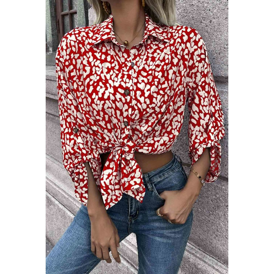 Double Take Leopard Roll-Tap Sleeve Shirt Shirts &amp; Tops