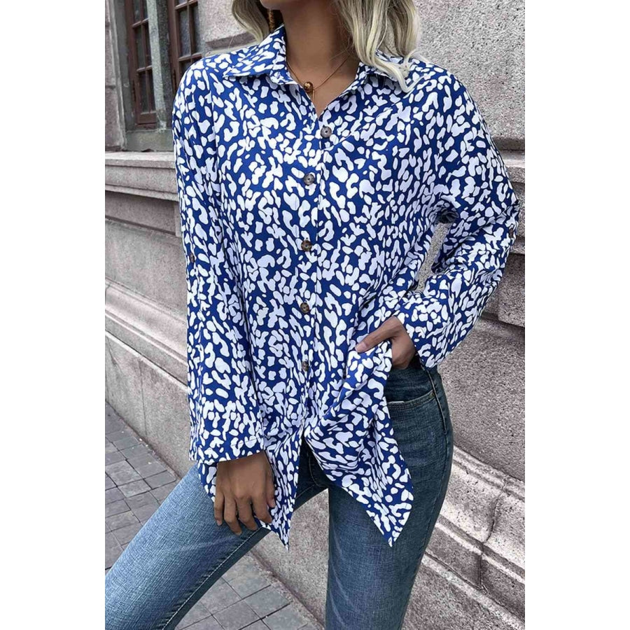 Double Take Leopard Roll-Tap Sleeve Shirt Sky Blue / S Shirts &amp; Tops