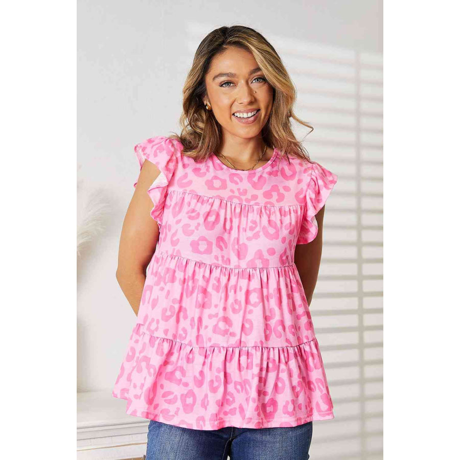 Double Take Leopard Round Neck Tiered Blouse Hot Pink / S Apparel and Accessories