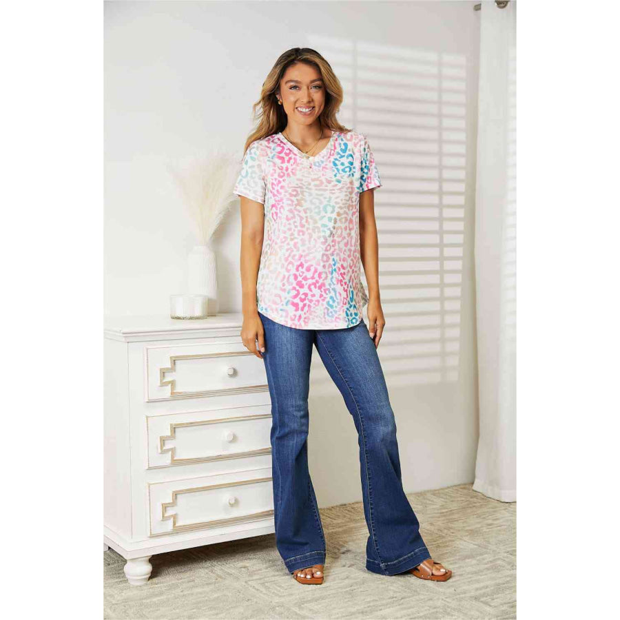 Double Take Leopard V - Neck Short Sleeve T - Shirt Apparel and Accessories