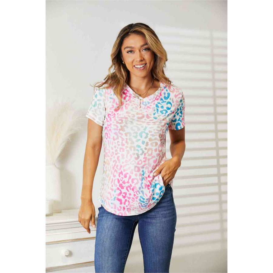 Double Take Leopard V - Neck Short Sleeve T - Shirt Apparel and Accessories