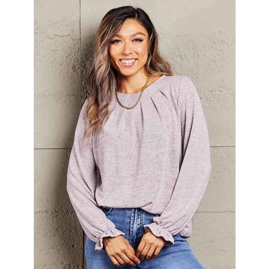 Double Take Long Flounce Sleeve Round Neck Blouse Lilac / S Shirts & Tops